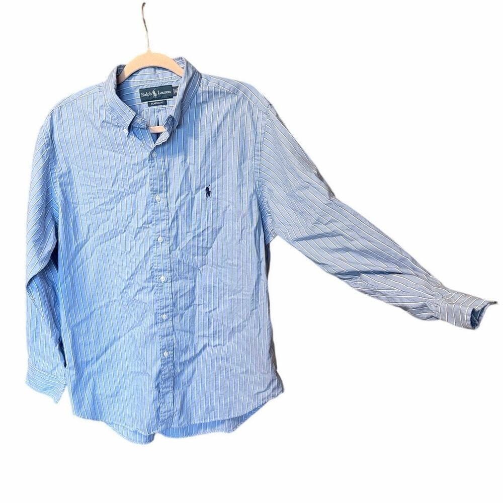 Ralph Lauren classic fit long sleeve button front mens shirt 16.5 blue stripes